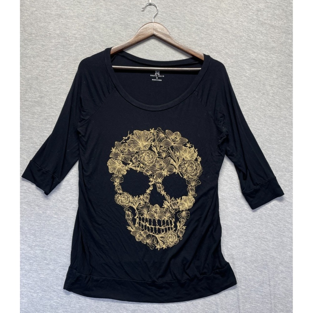 South Main Blouse Top Womens Small Black Graphic Floral Sugar Skull Scoop Neck